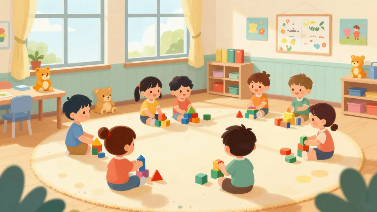 Děti hrají ve veselém prostředí mateřské školy.