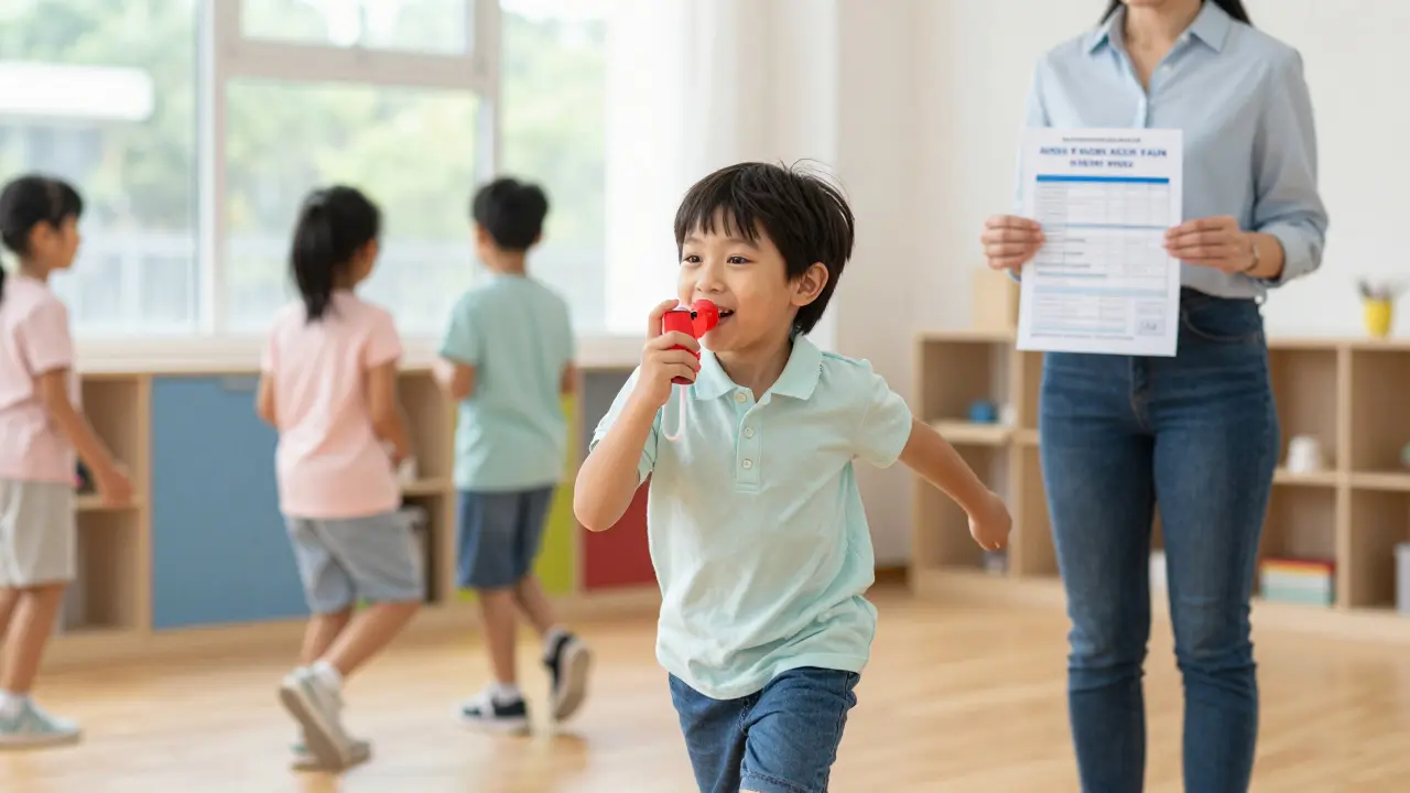 Dítě běží na školním hřišti s inhalátorem, učitelka drží astmatický plán.