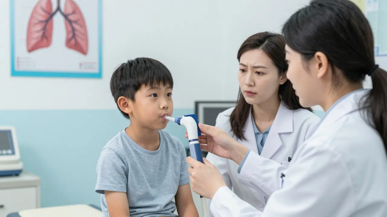 Dítě dýchá do spirometru pod dohledem pediatra v klinice, rodič pozoruje s nadějí.