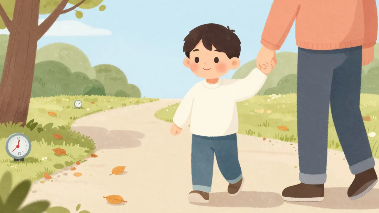 Dítě s vyrážkou prochází parkem po šesté nemoci, mírná teplota, klidné počasí.