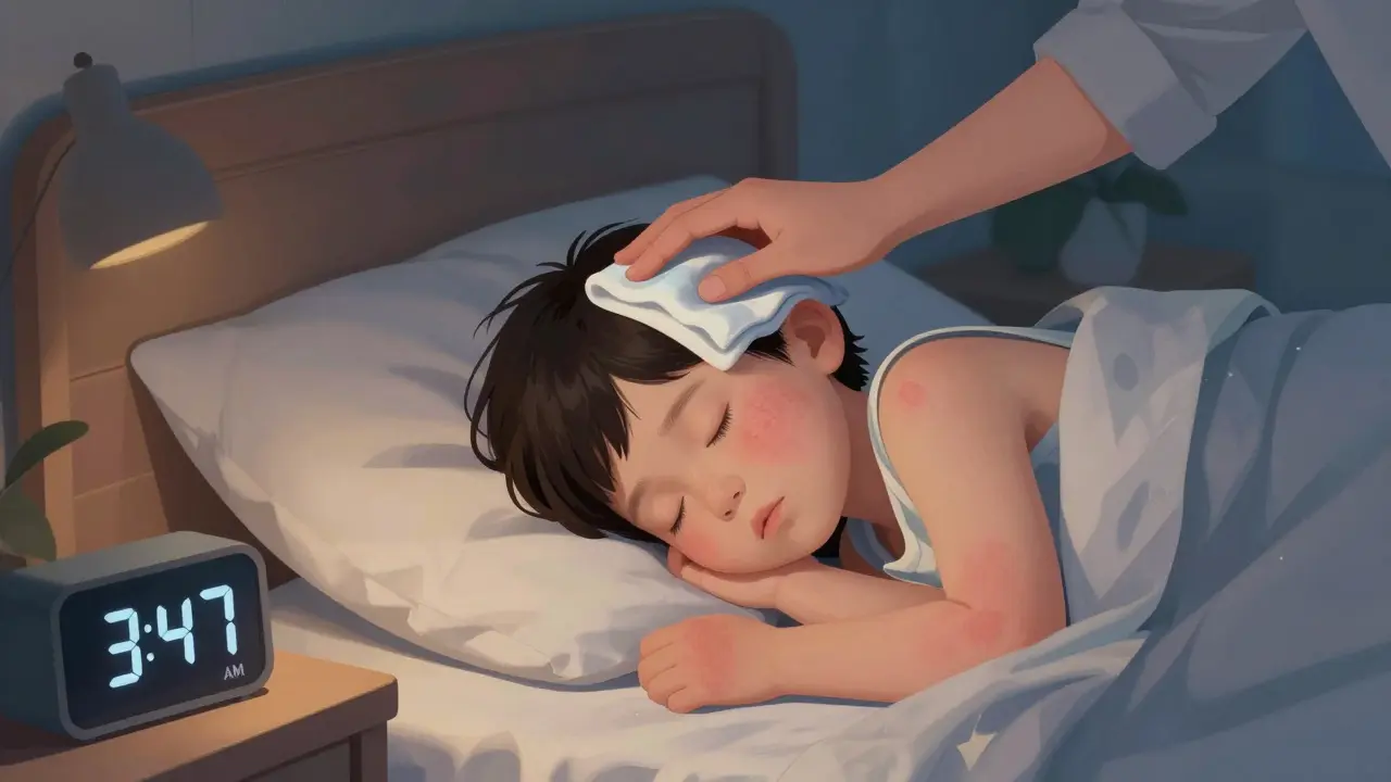 Dítě spí v posteli, rodič mu jemně klade chladný hadřík na čelo během horečky.