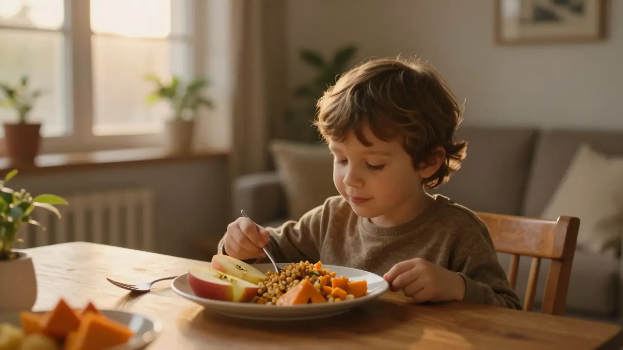 Dítě u stolu s jednoduchým sezónním jídlem doma večer