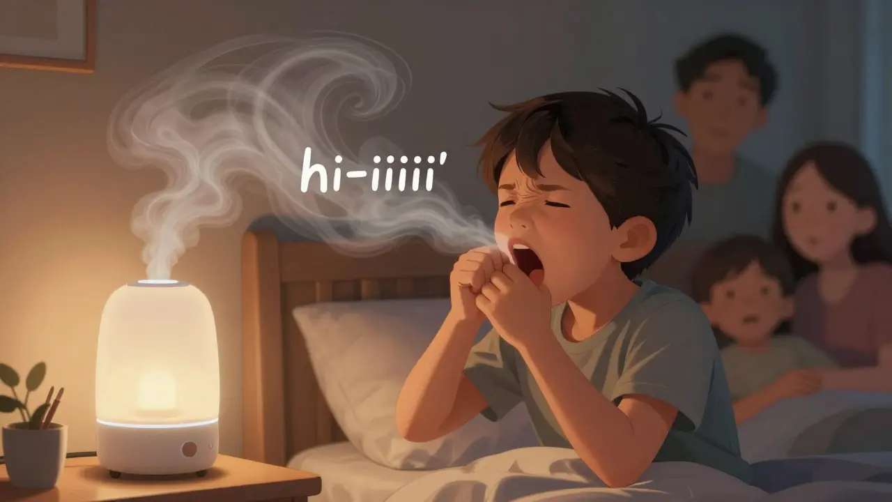 Dítě v koupelně během záchvatu černého kašle s typickým hlubokým vdechem 'hi-iiii'.