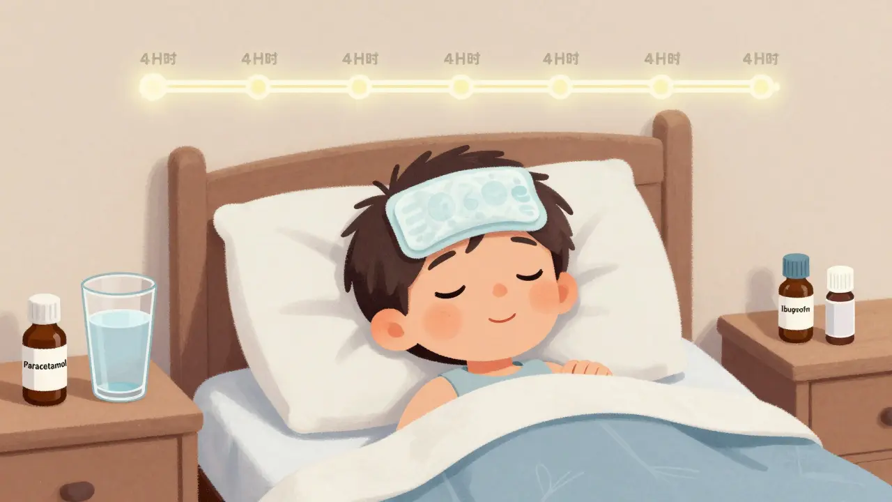 Dítě v posteli s chladnou obkladem, vedle dva léky a časová osa střídání dávek, klidná atmosféra.