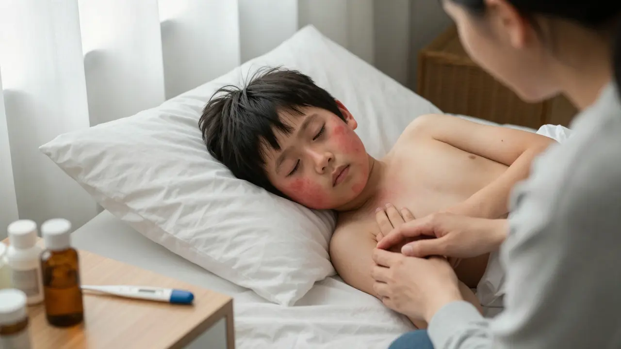 Dítě v posteli s miznoucí vyrážkou, rodič drží jeho ruku, v pozadí léky a zatížené záclony.