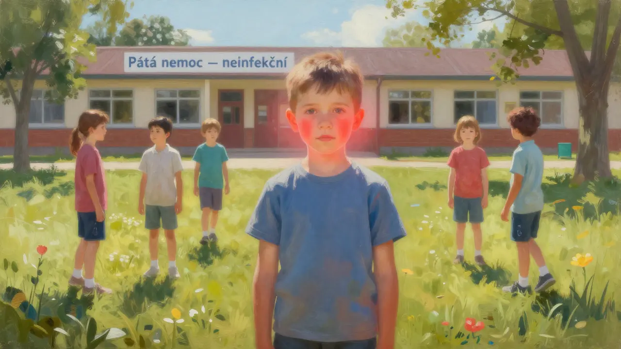 Dítě ve školním nádvoří s jemným červeným zářením na tvářích, ostatní děti hrají, symbolizující návrat k běžnému životu.