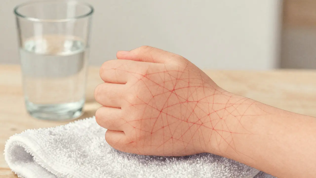 Jemný síťový červený vzor na předloktí dítěte, bez známek svědění.