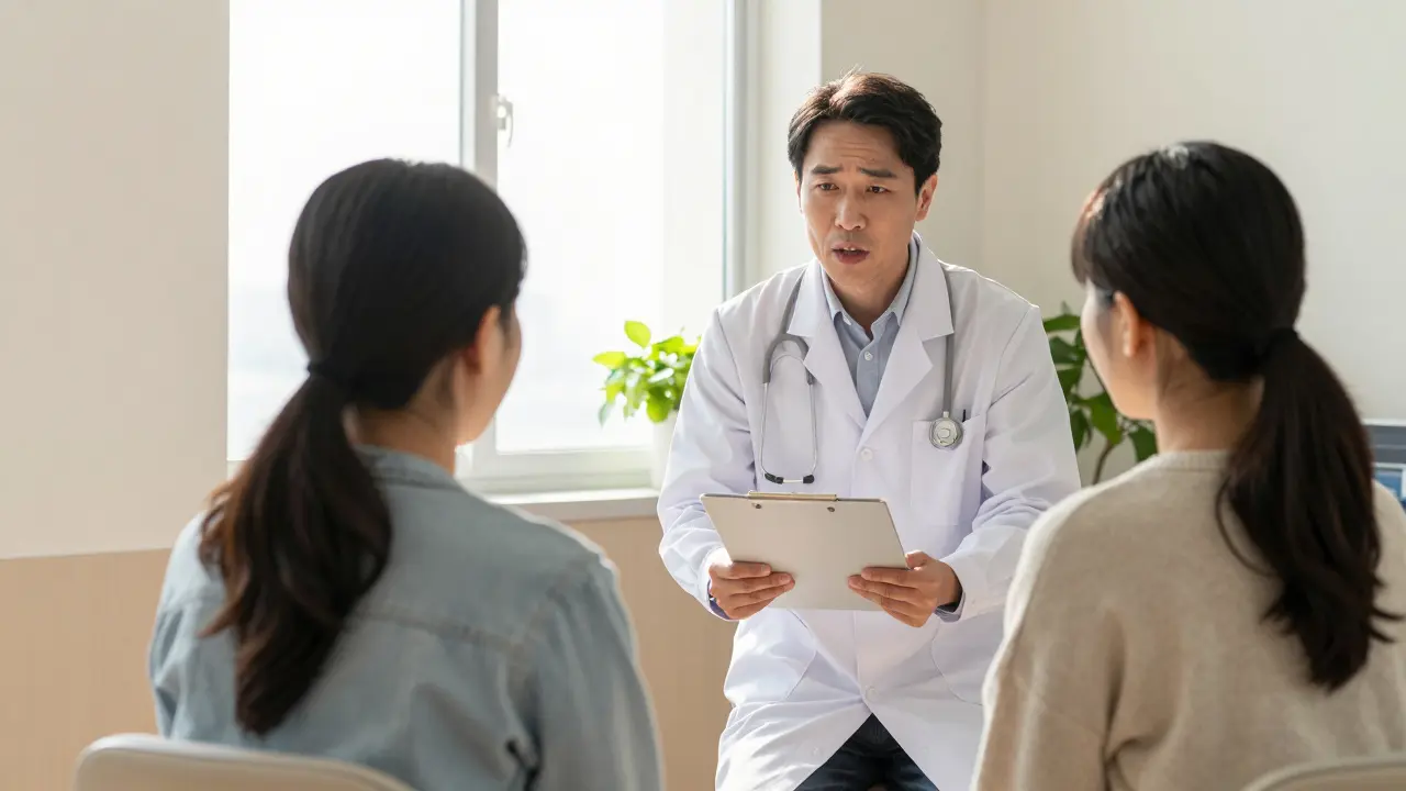 Lékař poskytuje poradu rodičům o zdraví dítěte.