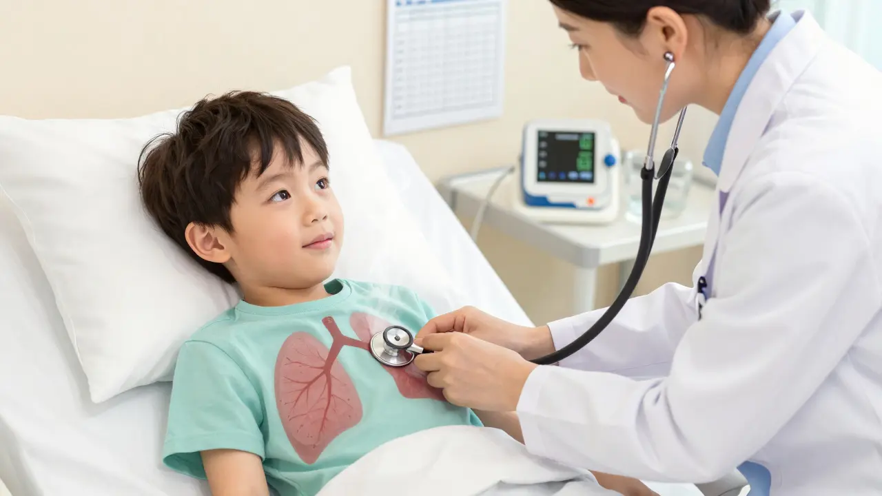 Lékař poslouchá dítě stetoskopem v nemocničním prostředí.