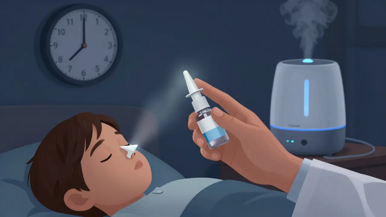 Lékař používá solný sprej pro nos dítěte, v pozadí chladný aerosol a hodiny ukazují noční hodinu.