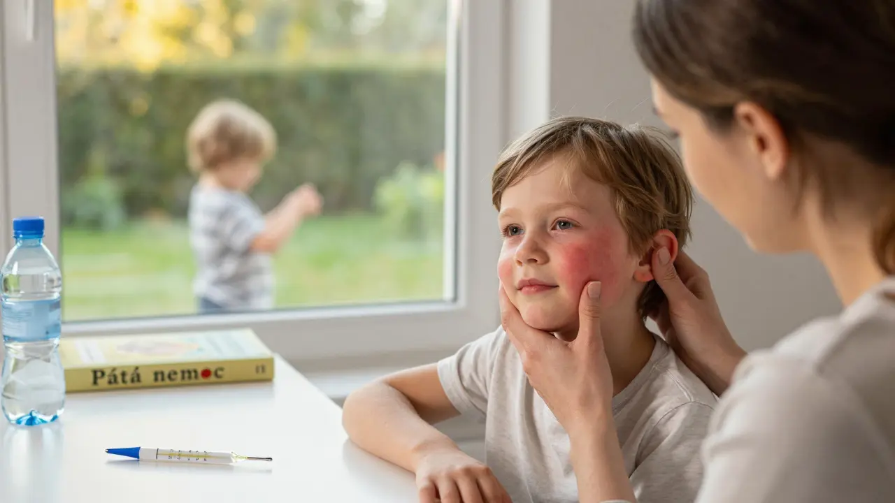 Matka dotýká dítěte na tváři, v pozadí slunce a příznaky zdravého uzdravení.