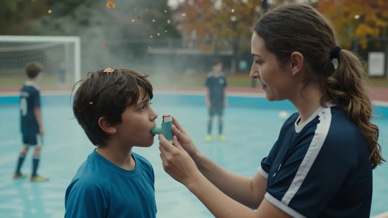 Matka podává inhalátor dítěti před fotbalovým zápasem u bazénu.
