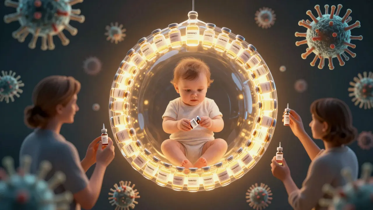 Ochranný kryt z očkovacích lahviček kolem dítěte, symbolizující strategii cocooning.