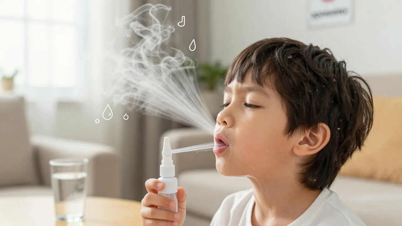 Průhledný model krku s hlenem, který odstraňují voda, vlhčička a čistý vzduch.