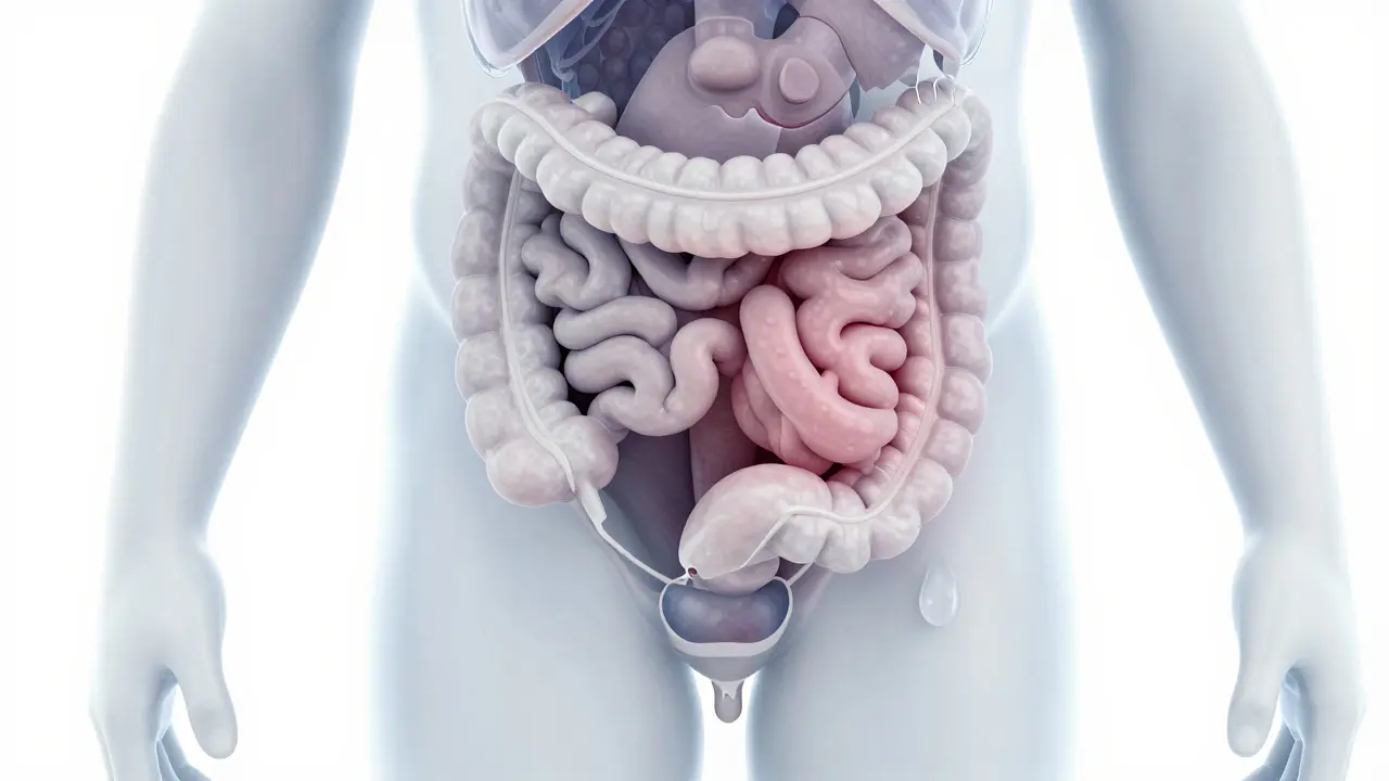 Průhledný náčrt močového měchýře tlačeného zácpou, s drobnou únikem moči, ve vědeckém stylu.