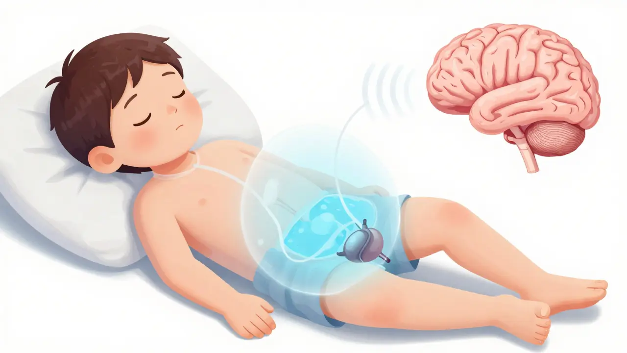 Průřez tělem dítěte: přetížený močový měchýř a neaktivní signál směrem k mozkovému centru.