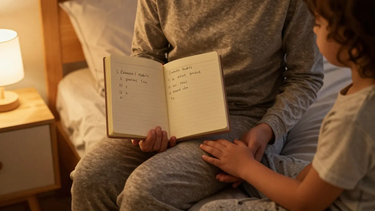 Rodič a dítě spolu sedí u postele, drží deník s záznamy večerních návyků, teplé světlo a klidná atmosféra.