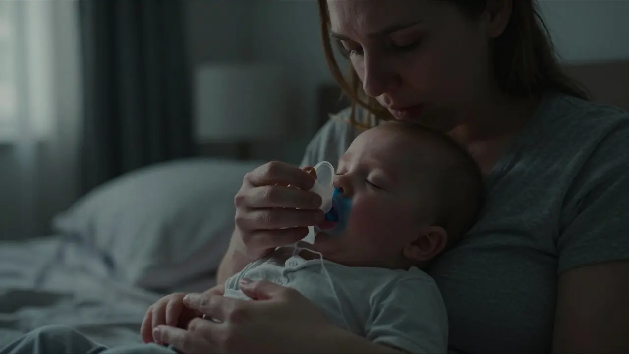 Rodič měří dechy spícímu kojenci, jeho rty a špičky prstů jsou mírně modré.