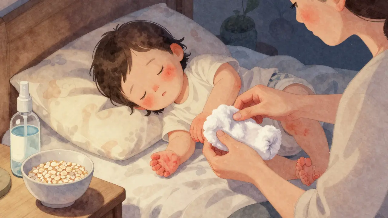 Rodič navléká dítěti bavlněné punčochy na ruce, aby zabránil škrábání, zatímco dítě spí v posteli.