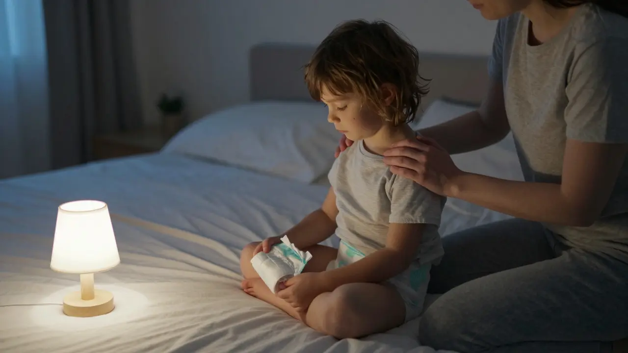 Rodič podporuje dítě v posteli večer, drží ho za ruku.