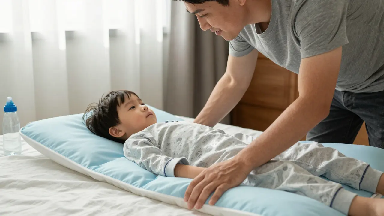 Rodič pomáhá dítěti připravit postel s vodotěsnou podložkou, klidná, podporující atmosféra.