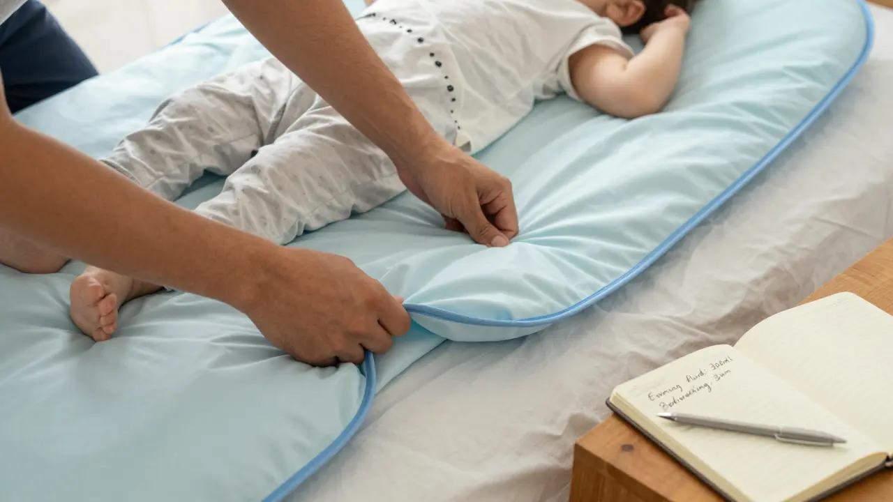 Rodič přikrývá postel vodotěsnou plenou, vedle stojí sešit s záznamem tekutin a nočních událostí.