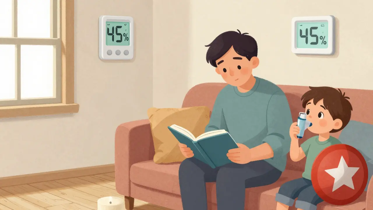 Rodina ve výkladové místnosti s hygrometrem a dítětem, které drží inhalátor jako štít.