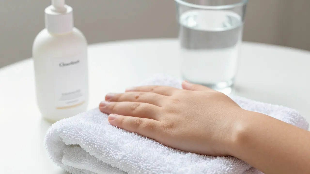 Ruka dítěte s puchýřky vedle krému a sklenice vody – symbol domácí péče o syndrom ruka-noha-ústa.