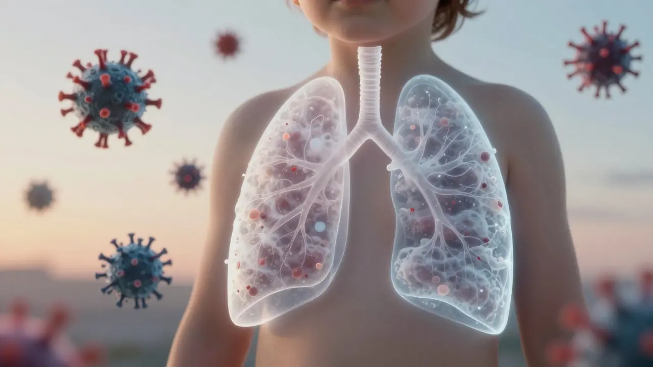 Srovnání zdravého a zánětlivě postiženého plicního tkáně u dítěte.