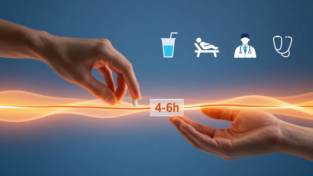 Tělo s horečkou, kde paracetamol a ibuprofen jsou podávány střídavě s 4-6h intervalem, symbolizující bezpečnou léčbu.