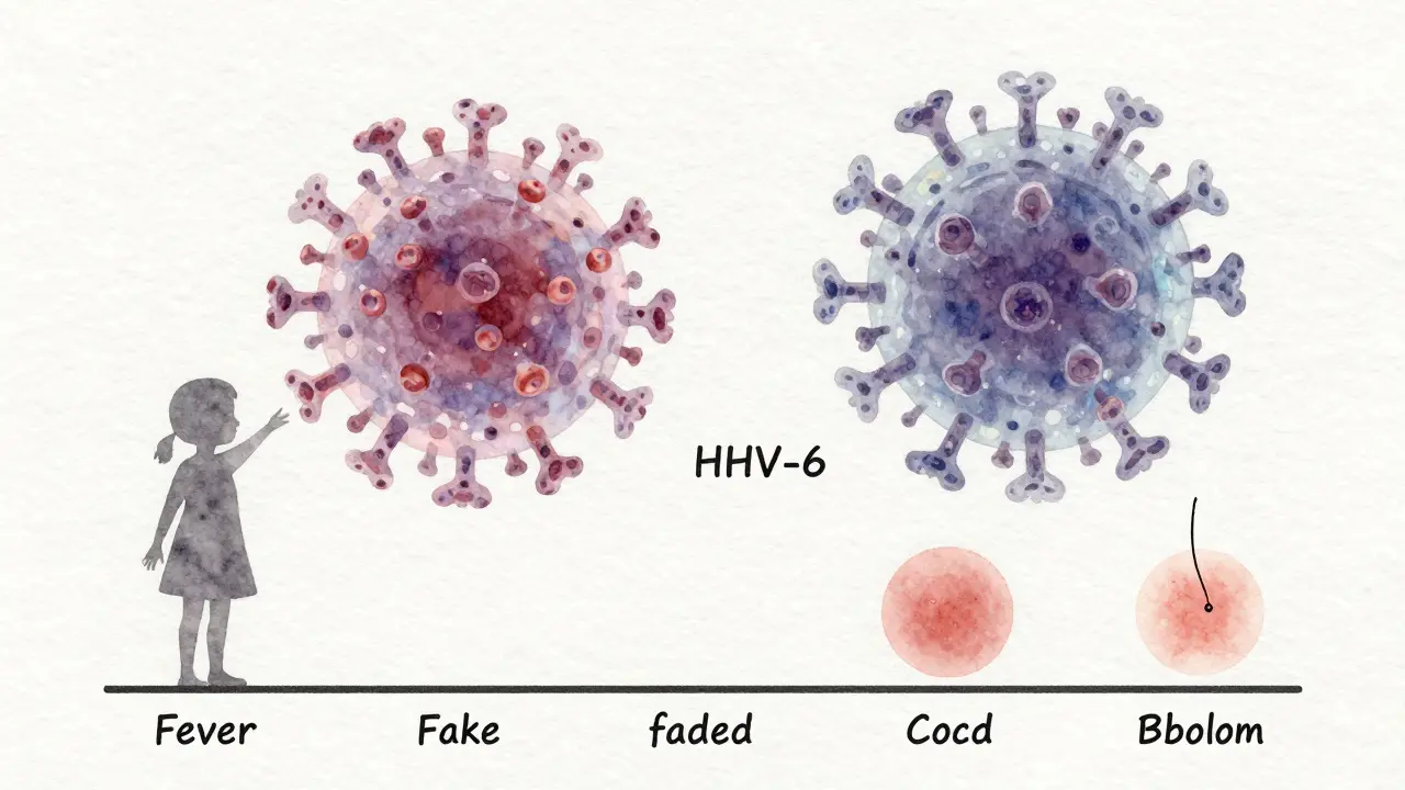 Translucenční obraz virů HHV-6 a HHV-7 nad dítětem s časovou osou horečky a vyrážky.