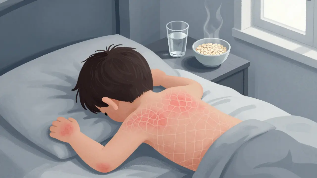 Záda dítěte s síťovou vyrážkou na posteli, vedle sklenice vody a ovsěné mouky, chladný pokoj s otevřeným oknem.