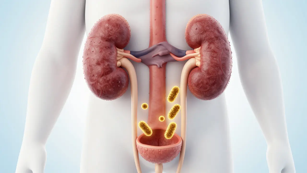 3D ilustrace močového systému dítěte s bakteriemi E. coli.