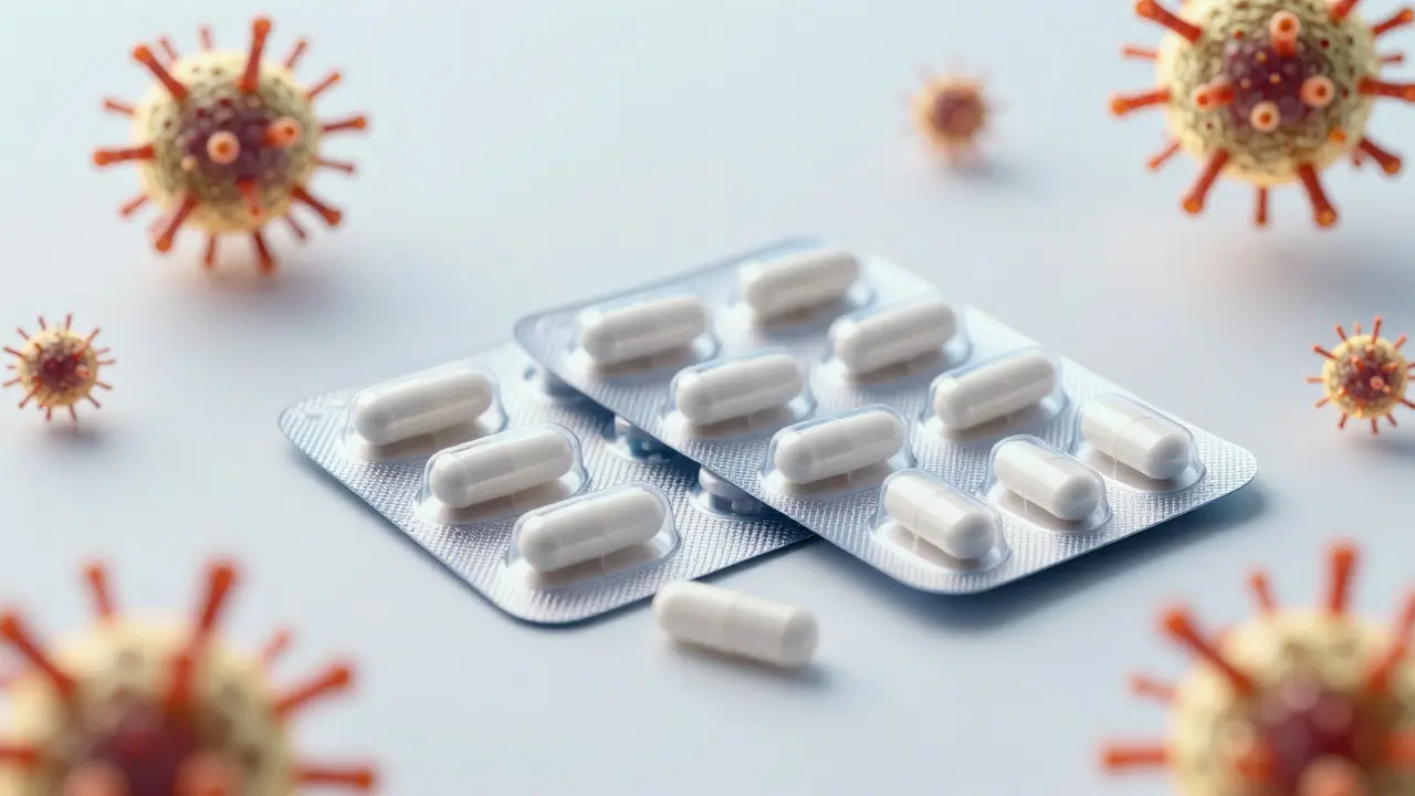 Antibiotika a mikroskopická znázornění bakterií streptokoků.