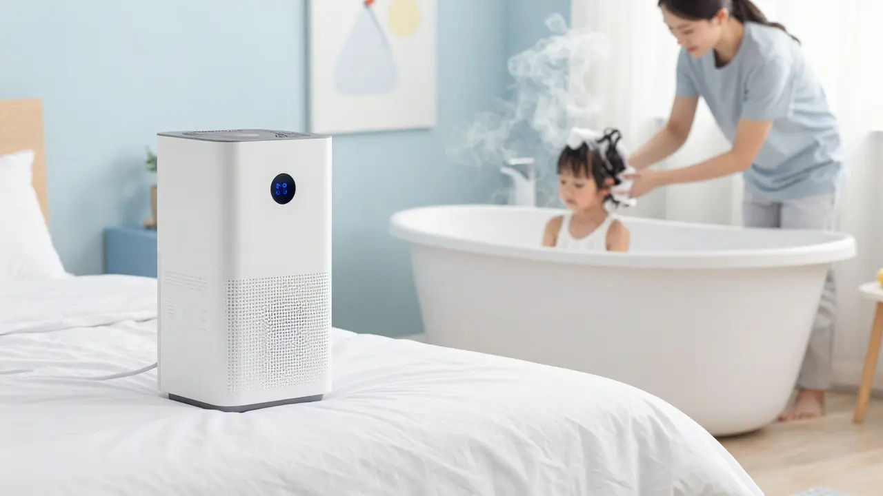 Čistý dětský pokoj s HEPA filtrem a rodič myjící dítě v koupeli