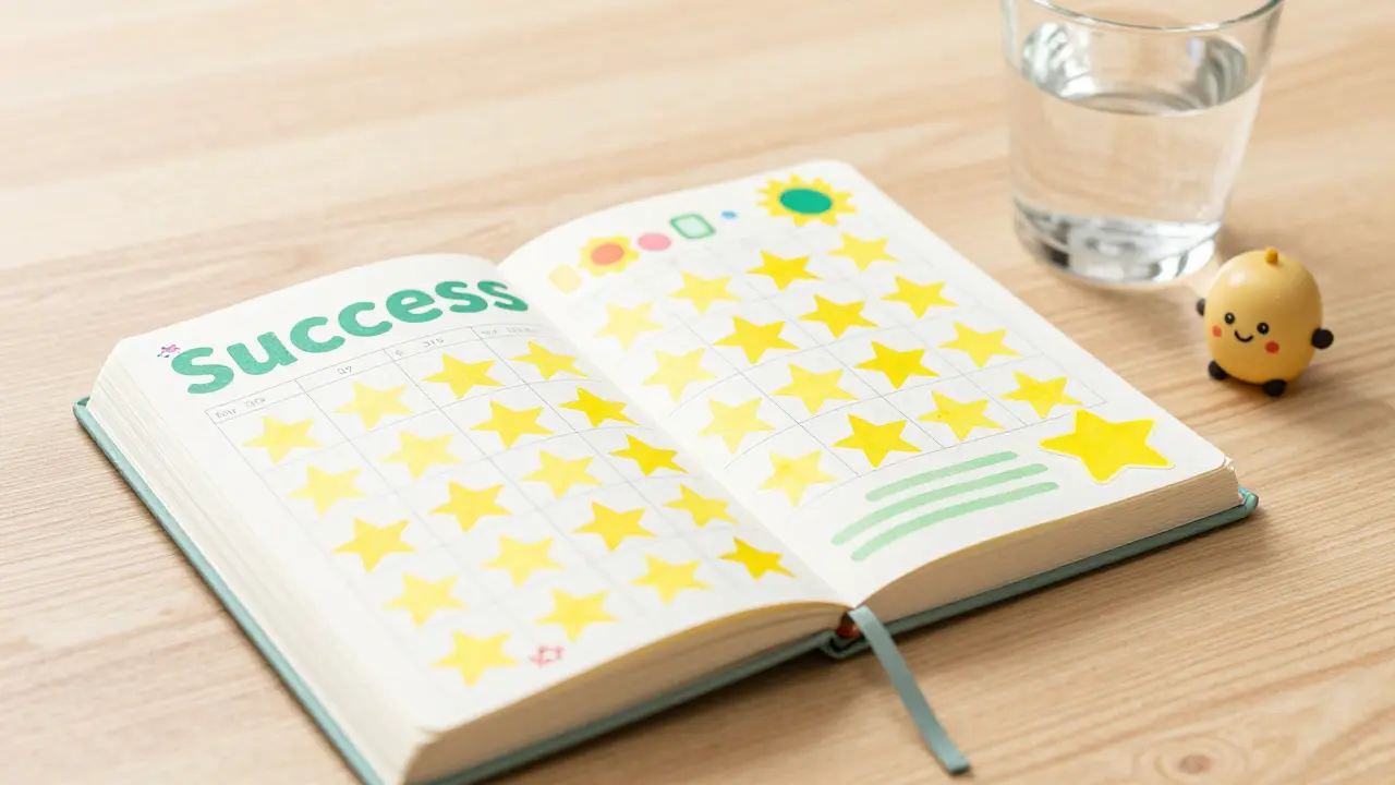 Deník úspěchů s barevnými hvězdičkami za suché noci na stole.