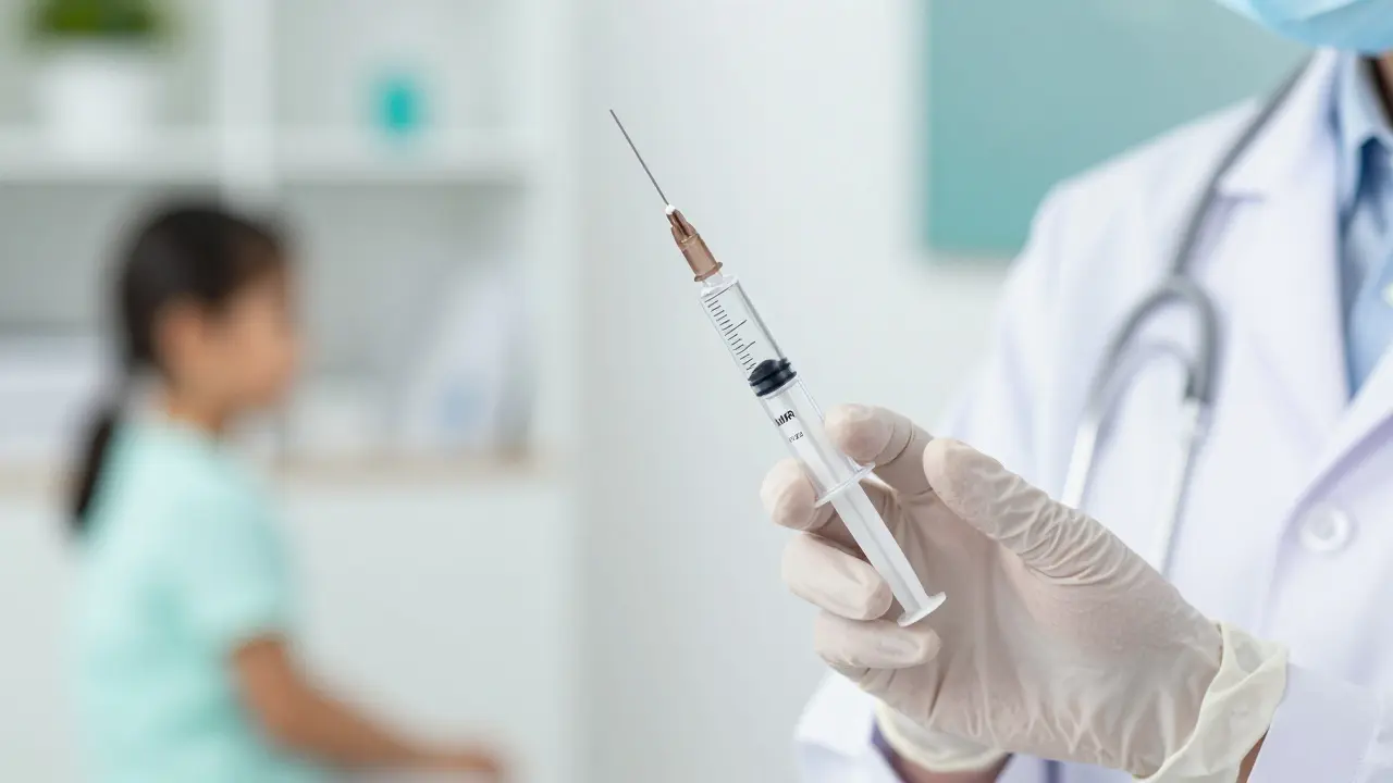 Detail vakcínйної stříkačky MMR v prostředí lékařské ordinace.