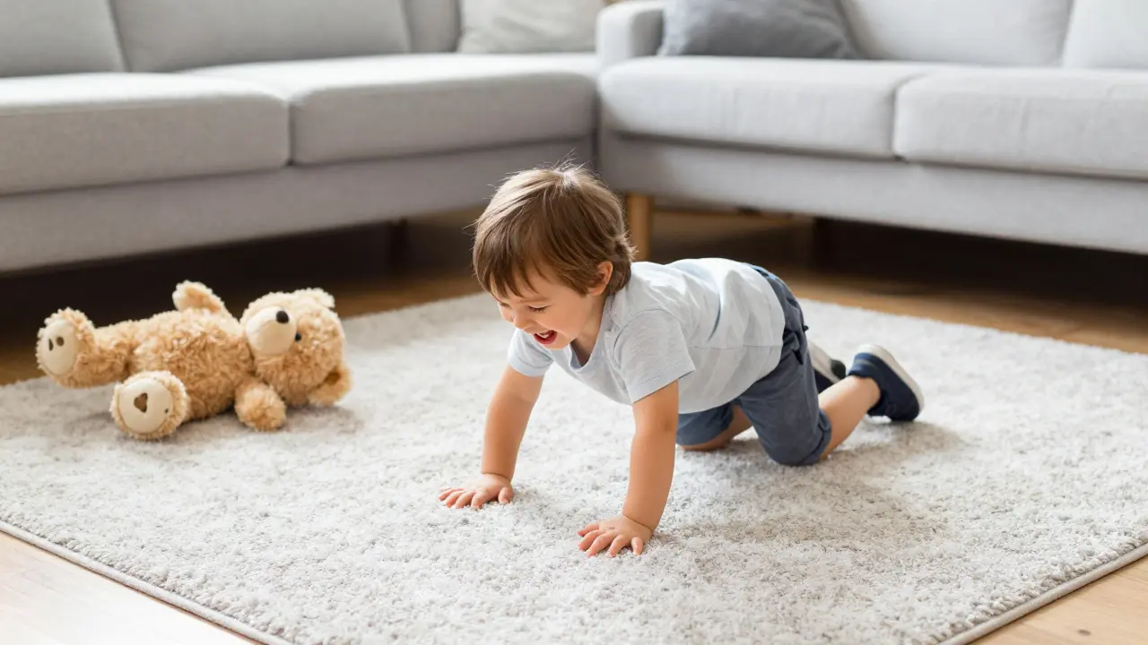 Dítě hrající si na koberci v pozici medvědí chůze s plyšovým medvídkem.