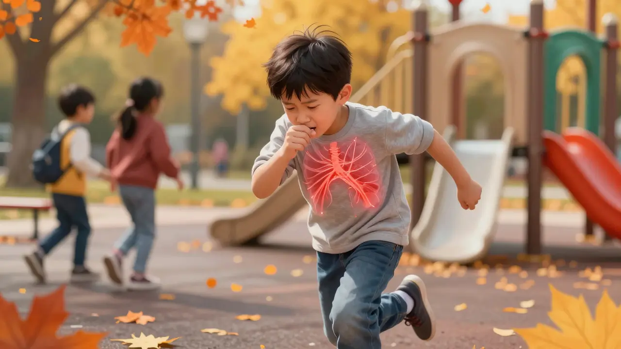 Dítě na hřišti zastavilo běh kvůli záchvatům kašle při fyzické aktivitě.