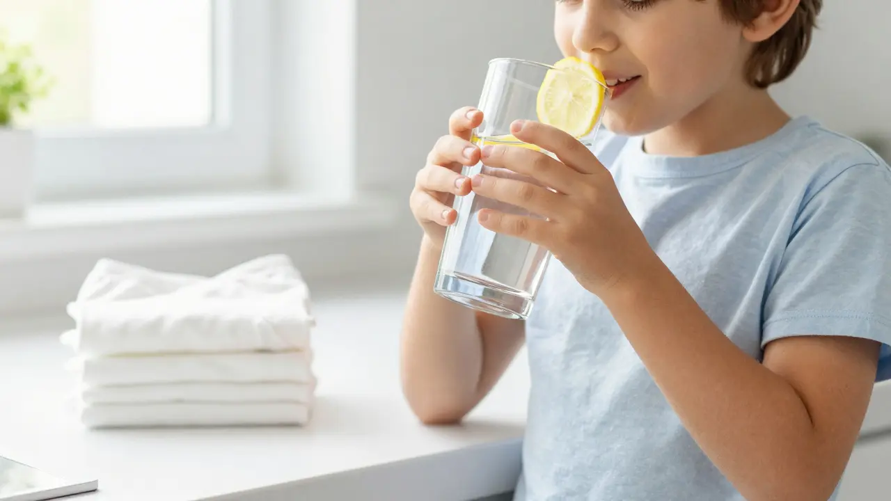 Dítě pije sklenici vody jako součást prevence infekcí.