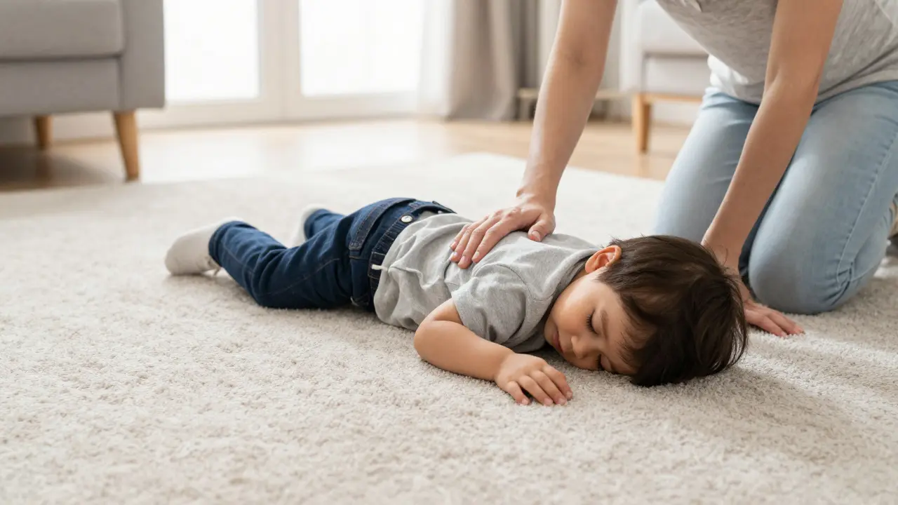 Dítě v bezpečné poloze na bok na zemi s podporující rukou rodiče vedle sebe.