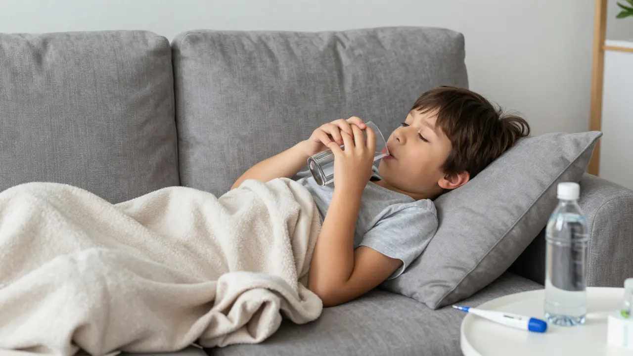 Dítě v domácí izolaci odpočívá na pohovce a pije vodu brčkou kvůli bolesti v krku.