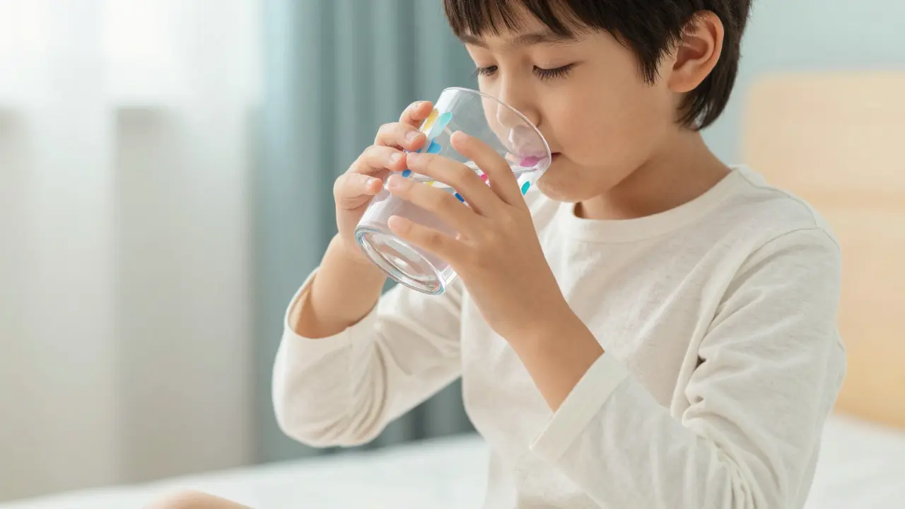 Dítě v lehkém oblečení pije vodu během zotavování z horečky.