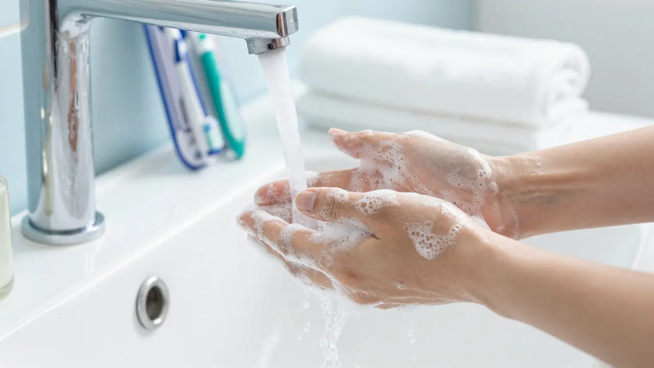 Důkladné mytí ruk opposite mýdlem jako součást prevence infekce.