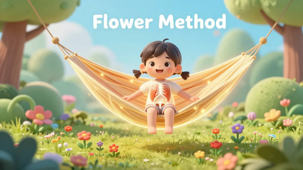 Ilustrace dítěte v magické zahradě s vizualizací svalů pánevního dna.