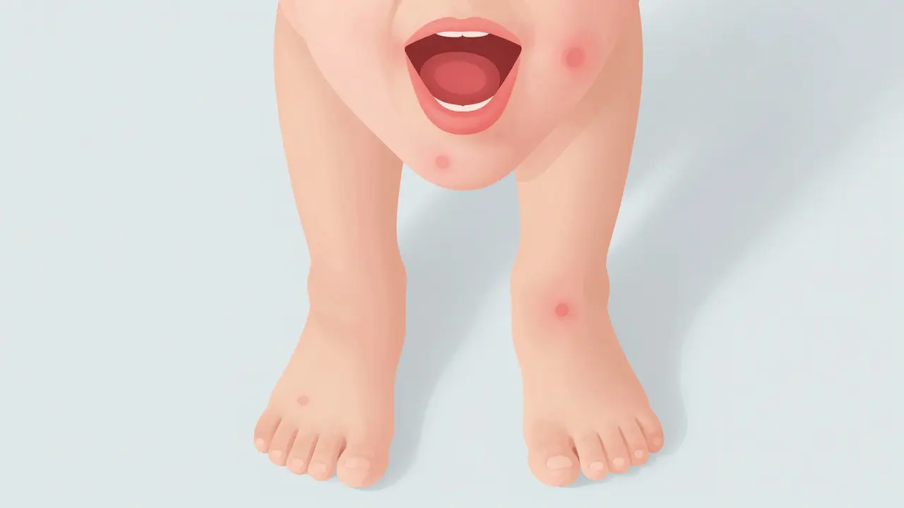 Ilustrace lokalizace planborek na dlaních, ploskách nohou a v ústech dítěte.