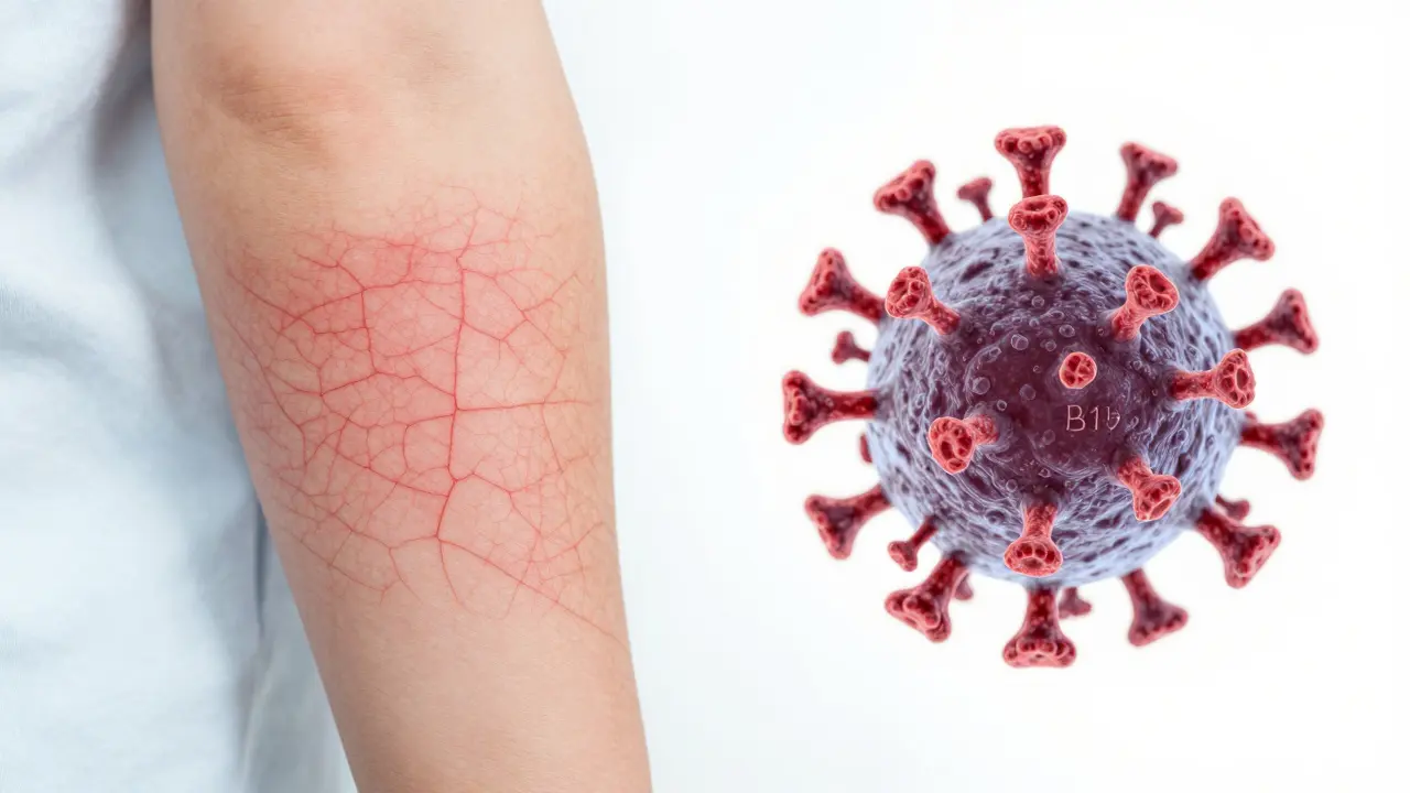 Ilustrace síťovité vyrážky na kůži a znázornění parvoviru B19.