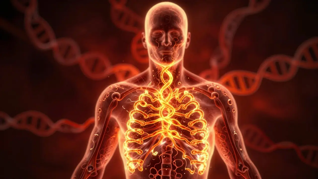 Konceptuální ilustrace denaturace proteinů v lidském těle při extrémním horku.