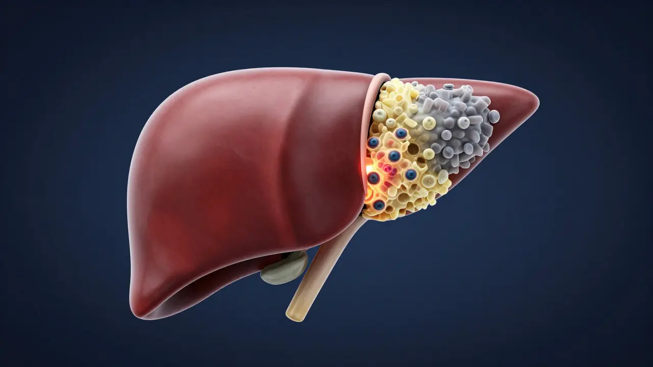 Konceptuální ilustrace poškození jater v důsledku předávkování