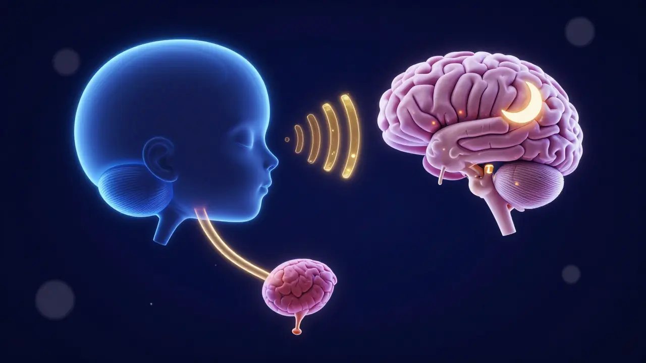 Konceptuální znázornění signálu z močového měchýře do spícího mozku.